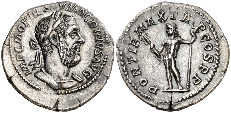 (217 d.C.). Macrino. Denario. (Spink 7342) (S. 55a) (RIC. 15). 3,29 g. EBC-.