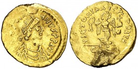 Justiniano I (527-565). Constantinopla. Tremissis. (Ratto 467) (S. 145). Perforación reparada. 1,45 g. (BC+).
