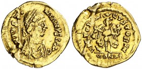 Justiniano I (527-565). Constantinopla. Tremissis. (Ratto 467 var) (S. 146). Rotura reparada mediante soldadura. 1,46 g. (MBC-).