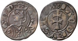 Jaume II (1291-1327). Zaragoza. Dinero jaqués. (Cru.V.S. 364) (Cru.C.G. 2182). En la parte inferior del vestido, una estrellita de 5 puntas en cada ex...