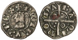 Pere III (1336-1387). Barcelona. Òbol. (Cru.V.S. 417.1 var) (Cru.C.G. 2239 var). Letras A y U latinas, y la S muy curiosa. Oxidación en reverso. Buen ...