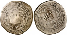 (1603-1605). Felipe III. Sevilla. (AC. 361) (J.S. E-44). Resello de valor VIII sobre 4 maravedís de Burgos de los Reyes Católicos. 9 g. BC+.