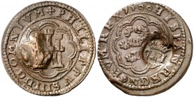 (hacia 1603). Felipe III. (J.S. pág. 217). Resello falso de época de valor VIII sobre 4 maravedís de Segovia 1599, también falso, ambos de muy buen ar...