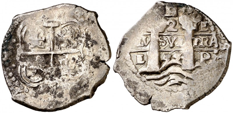 1655. Felipe IV. Potosí. E. 2 reales. (AC. 919). H sobre las columnas. Doble fec...