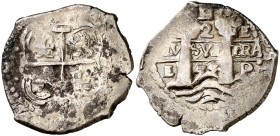 1655. Felipe IV. Potosí. E. 2 reales. (AC. 919). H sobre las columnas. Doble fecha, una parcial. Manchitas en anverso. Ex Colección Lepanto, Áureo 27/...