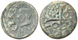 164 (sic). Guerra dels Segadors. Agramunt. 1 diner. (AC. 1) (Cru.C.G. 4504). Busto de Felipe IV a izquierda. Rara. 1,22 g. BC+/MBC-.