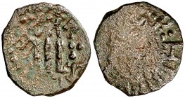 s/d. Carlos II. Eivissa. 4 diners. (Barrera falta). Contramarca: escudo catalán coronado, realizada en 1684 sobre un dobler, ambos falsos. 1,14 g. (MB...