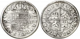 1720. Felipe V. Madrid. JJ. 2 reales. (AC. 773). Rayitas. Ensayador en una línea. Escasa. 4,88 g. MBC-.
