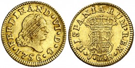 1756. Fernando VI. Madrid. JB. 1/2 escudo. (AC. 559). Tercer busto. Rayitas de acuñación. 1,77 g. MBC-/MBC.