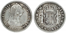 1785. Carlos III. México. FM. 2 reales. (AC. 677). Resto de soldadura en anverso. 6,52 g. BC/MBC-.