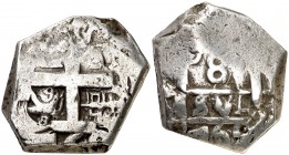 1765. Carlos III. Potosí. (V-Y). 8 reales. (AC. 909). Recortada, ¿para circular como 4 reales? Limpiada. 15,99 g. (MBC-).