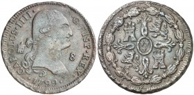 1799. Carlos IV. Segovia. 8 maravedís. (AC. 76). Impurezas y mínimas oxidaciones. 11,70 g. (MBC/MBC+).