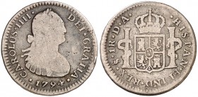 1794. Carlos IV. Santiago. DA. 1 real. (AC. 510). Escasa. 3,11 g. BC-/BC.