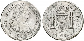 1802. Carlos IV. Lima. IJ. 2 reales. (AC. 585). Marquitas. 6,63 g. MBC/MBC+.