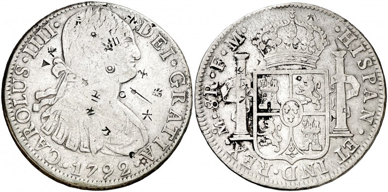 1792. Carlos IV. México. FM. 8 reales. (AC. 954). Resellos orientales. 26,65 g. ...