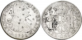 1792. Carlos IV. México. FM. 8 reales. (AC. 954). Resellos orientales. 26,65 g. BC+.