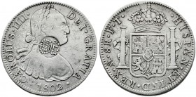 1802. Carlos IV. México. FT. 8 reales. Resello (falso). 26,72 g. MBC-.