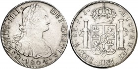 1804. Carlos IV. Potosí. PJ. 8 reales. (AC. 1008). Pequeña prueba de metal en canto. Limpiada. 26,58 g. BC+/MBC-.