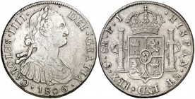 1806. Carlos IV. Potosí. PJ. 8 reales. (AC. 1012). Golpecitos. 26,79 g. MBC/MBC+.