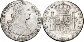 1808. Carlos IV. Potosí. PJ. 8 reales. (AC. 1014). Rayitas. Buen ejemplar. 26,91 g. MBC+/EBC-.