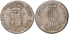 1811. Fernando VII. Catalunya (Tarragona o Mallorca). 3 cuartos. (AC. 10). Golpecitos. 6,96 g. BC/BC+.