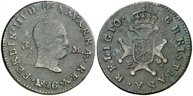 1826. Fernando VII. Pamplona. 3 maravedís. (AC. 49). Escasa. 6,07 g. BC+/MBC-.