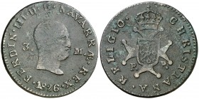 1826. Fernando VII. Pamplona. 3 maravedís. (AC. 49). Escasa. 6,07 g. BC+/MBC-.