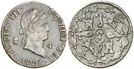 1828/7. Fernando VII. Segovia. 4 maravedís. (AC. 181). 5,03 g. MBC-.