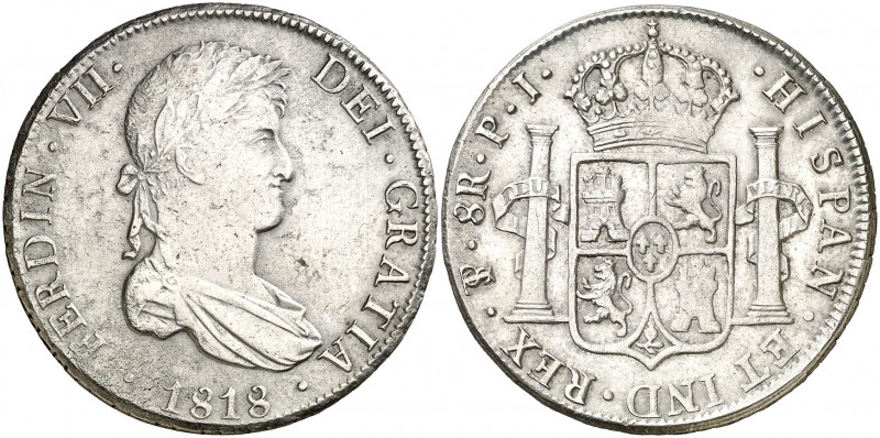 1818. Fernando VII. Potosí. PJ. 8 reales. (AC. 1382). 26,66 g. (MBC+).