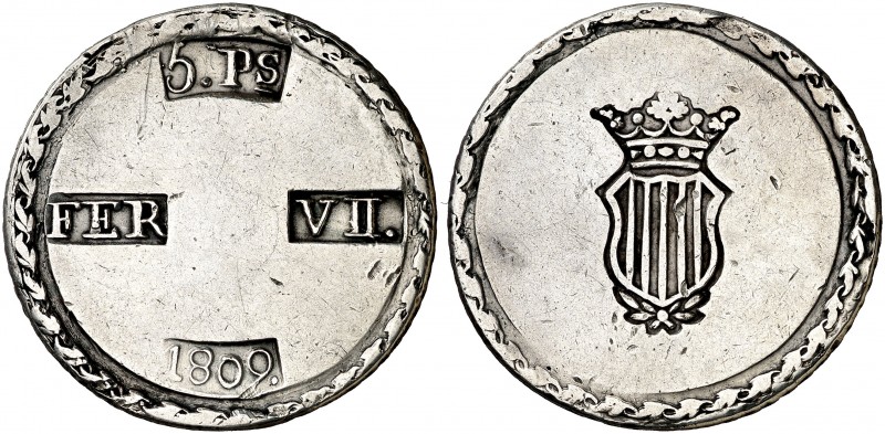 1809. Fernando VII. Tarragona. 5 pesetas. (AC. 1429). 26,47 g. MBC-.