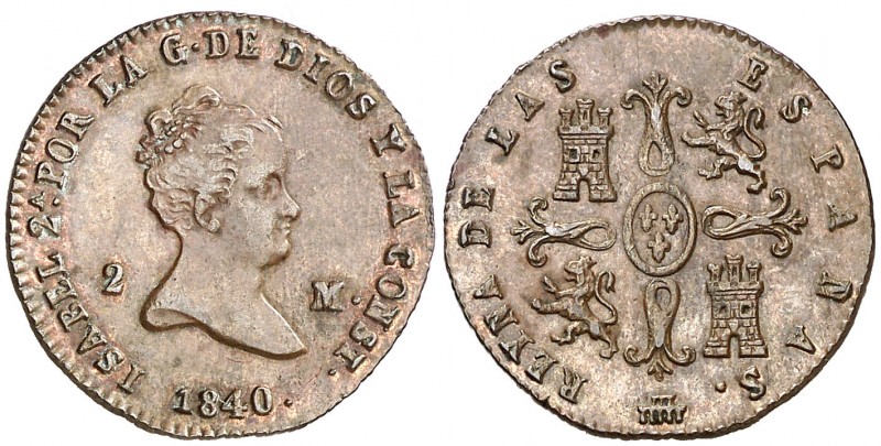 1840. Isabel II. Segovia. 2 maravedís. (AC. 51). 2,09 g. EBC-/EBC.