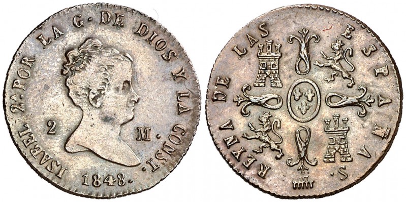 1848. Isabel II. Segovia. 2 maravedís. (AC. 60). 2,24 g. EBC-/EBC.