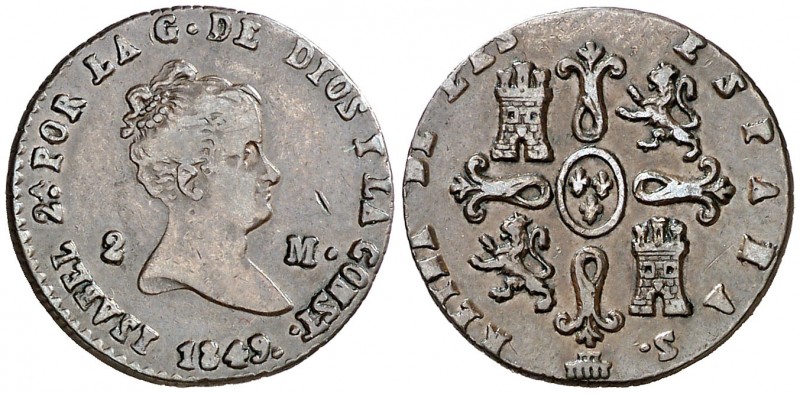 1849. Isabel II. Segovia. 2 maravedís. (AC. 61). Rayita. 2,25 g. MBC-/MBC.