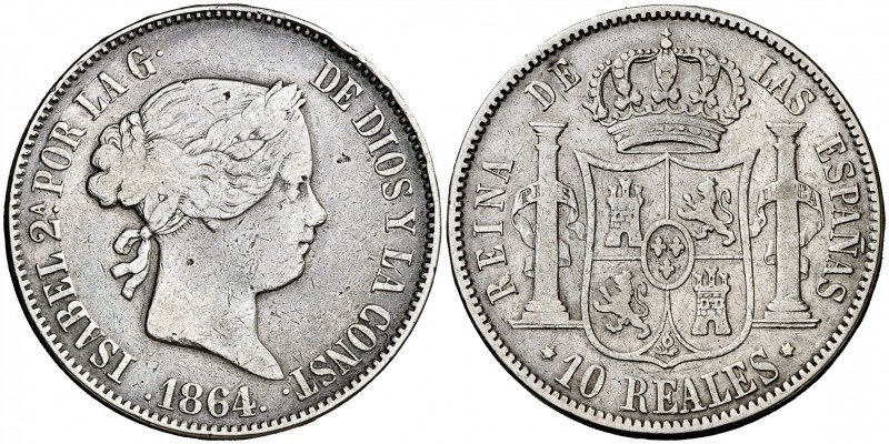 1864. Isabel II. Madrid. 10 reales. (AC. 541). Golpecitos. Escasa. 12,60 g. BC+.