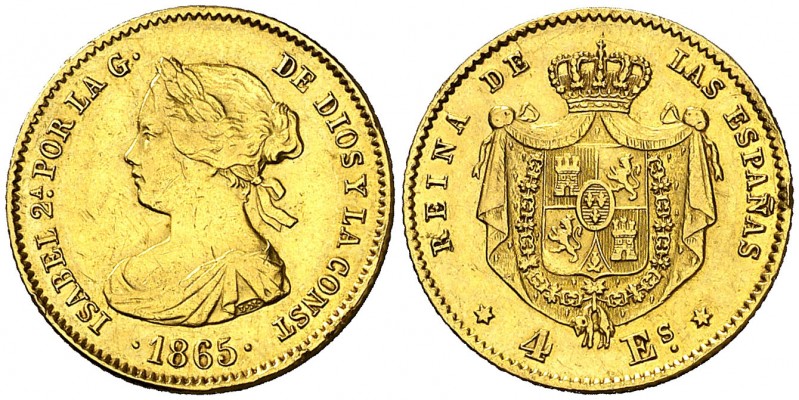 1865. Isabel II. Madrid. 4 escudos. (AC. 688). Golpecitos. 3,31 g. MBC/MBC+.