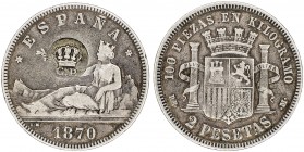 1870*1-74. Gobierno Provisional. DEM. 2 pesetas. Resello (falso) del Gobierno Portugués. 9,91 g. (MBC-).