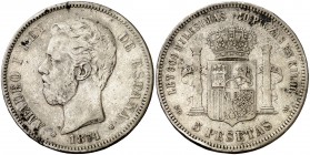 1871*18-8. Amadeo I. SDM. 5 pesetas. (AC. 2). Manchitas. Rara. 24,65 g. MBC-.