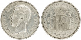 1871*1874. Amadeo I. DEM. 5 pesetas. (AC. 5). Pabellón de la oreja rayado. 24,75 g. BC+.