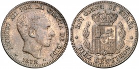 1878. Alfonso XII. Barcelona. OM. 10 céntimos. (AC. 9). Rayitas. 10,22 g. MBC+.