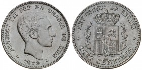 1879. Alfonso XII. Barcelona. OM. 10 céntimos. (AC. 10). Buen ejemplar. 10,01 g. MBC+.