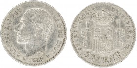 1885/1*86. Alfonso XII. MSM. 50 céntimos. (AC. 13). 2,51 g. MBC.