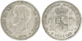 1876*--76. Alfonso XII. DEM. 5 pesetas. (AC. 37). 24,63 g. BC+.