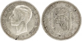 1878*1878. Alfonso XII. DEM. 5 pesetas. (AC. 39). Rayitas. 24,84 g. BC+.