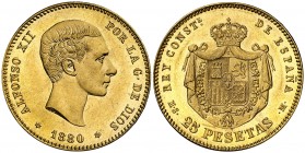 1880*1880. Alfonso XII. MSM. 25 pesetas. (AC. 79). Bellísima. Brillo original. 8,06 g. S/C-.