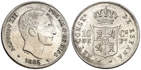 1885. Alfonso XII. Manila. 10 centavos. (AC. 102). Rayitas. Brillo original. 2,64 g. EBC+.