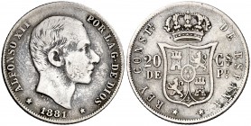 1881/0. Alfonso XII. Manila. 20 centavos. (AC. 104). Rectificación muy clara. 5 g. MBC-.