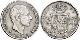 1883. Alfonso XII. Manila. 20 centavos. (AC. 109). 5,06 g. MBC-/MBC.