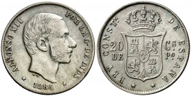 1884. Alfonso XII. Manila. 20 centavos. (AC. 110). Rayitas. Escasa. 5,07 g. MBC.