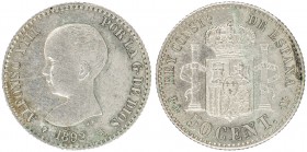 1892*92. Alfonso XIII. PGM. 50 céntimos. (AC. 38). Leves rayitas. Parte de brillo original. 2,51 g. EBC+.