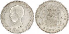1891*1891. Alfonso XIII. PGM. 5 pesetas. (AC. 98). Golpecitos. 24,97 g. BC+/MBC-.